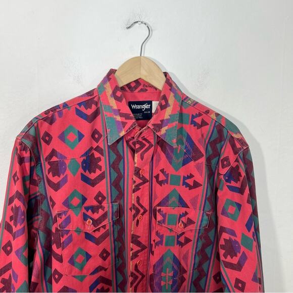 Vintage Wranglers Brush Popper Aztec Pink Button Down Long Sleeve Cowboy Size L - Picture 4 of 16